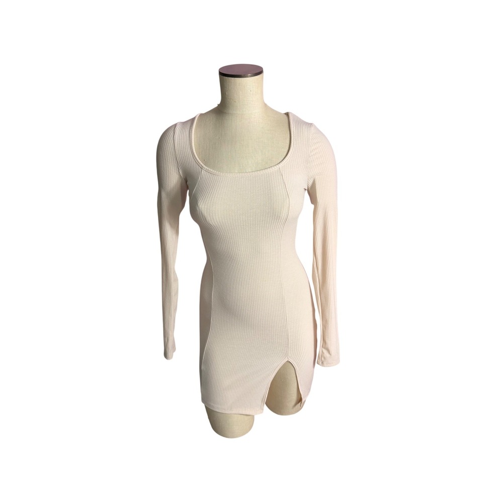PrettyLittleThing Bodycon Mini Dress US 0 Cream Ribbed Square Neck Long Sleeve